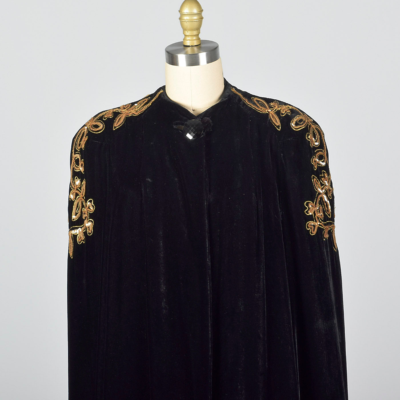 1940s Black Velvet Opera Cape with Gold Sequin Shoulders