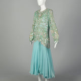 XXL Drop Waist Dress 1980s Beaded Silk Formal Long Sleeve