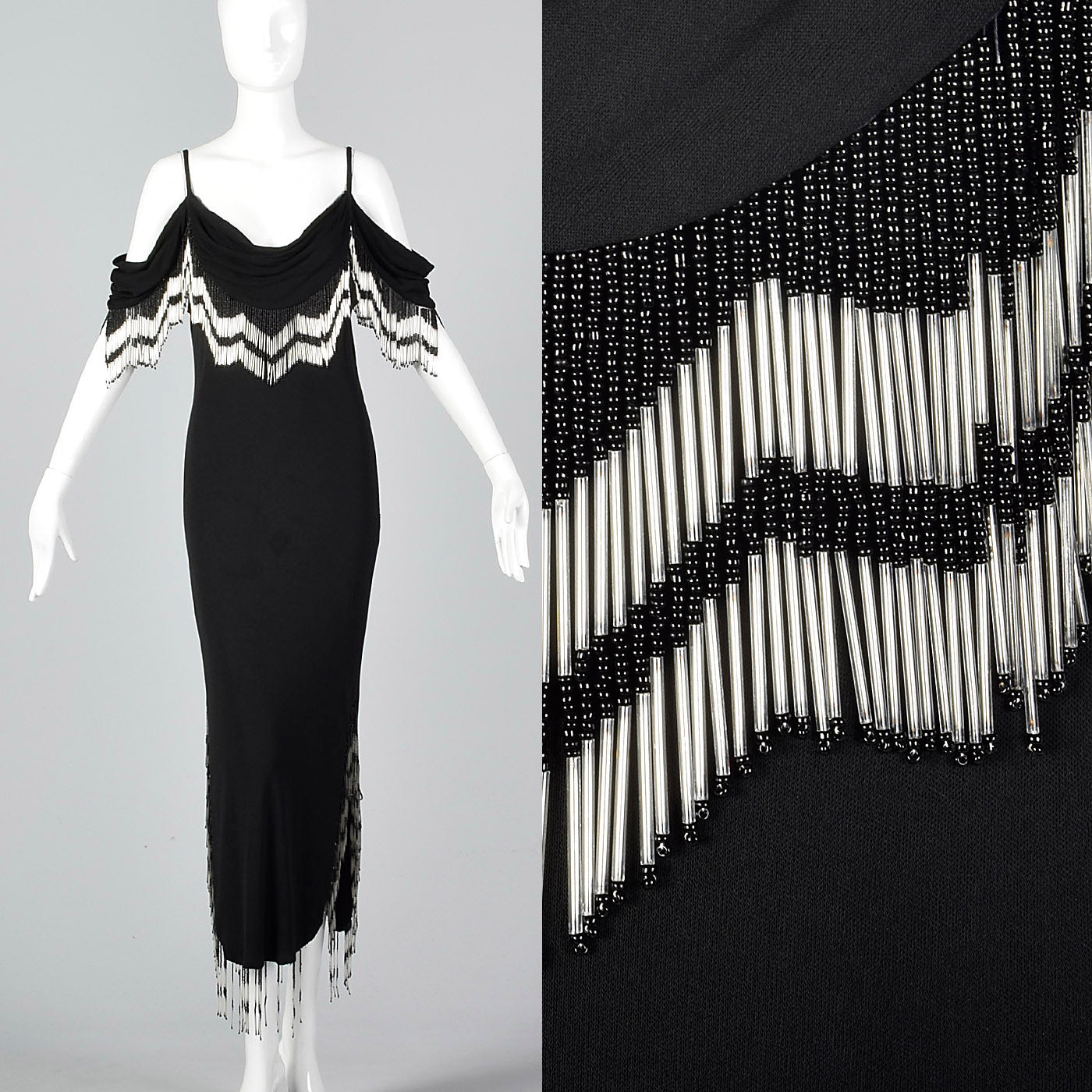 1990s Off the Shoulder Beaded Dress