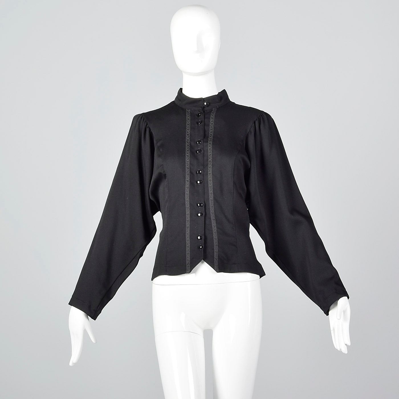 1980s Black Wool Blouse with Floral Trim