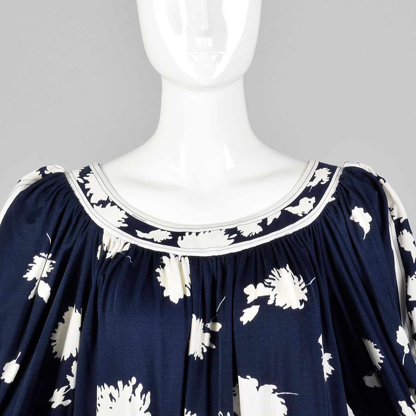 1980s Leonard Paris Navy Blue Floral Dress