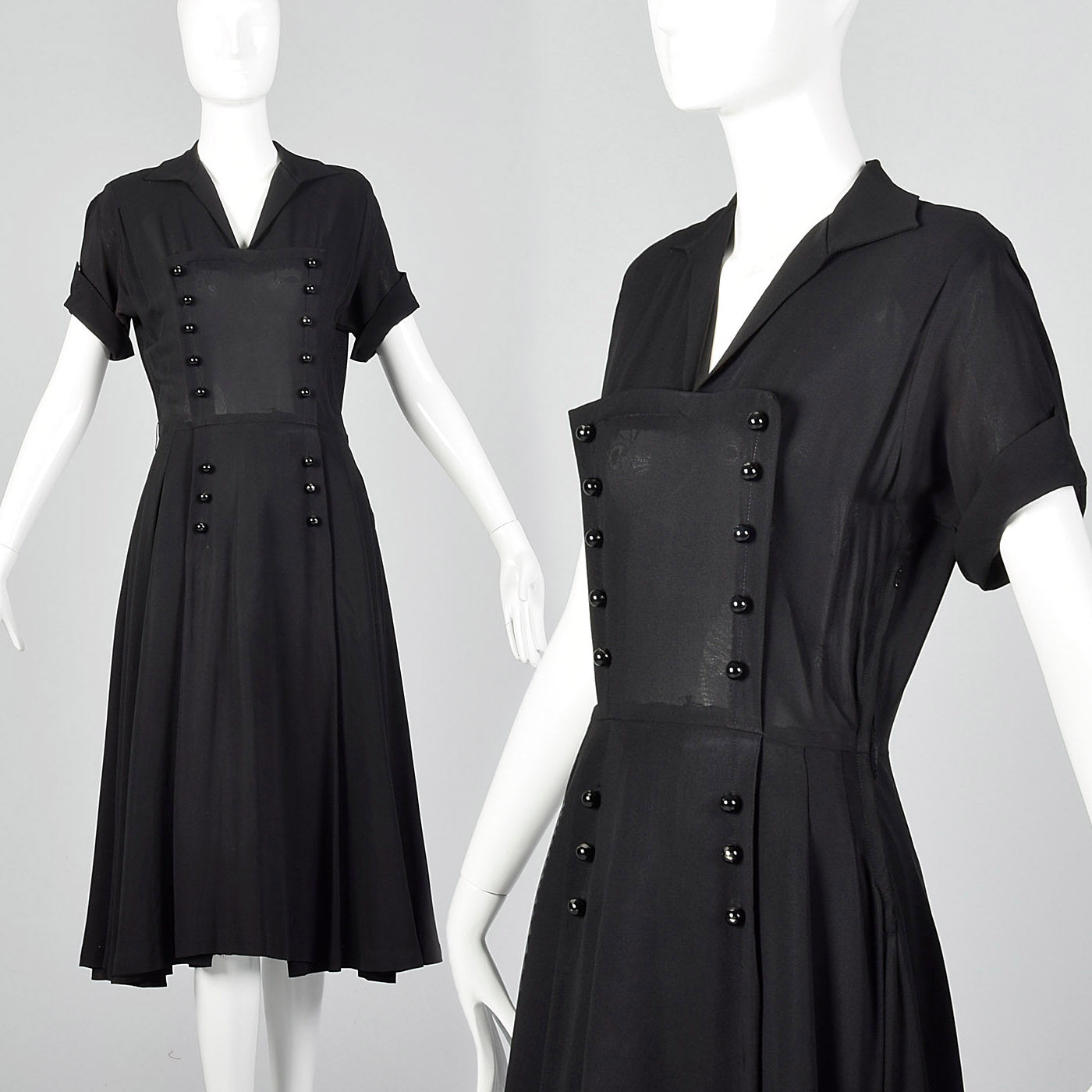 1950s Black Dress with Double Breasted Decorative Buttons Style & Salvage 1950s Black Dress with Double Breasted Decorative Buttons Style & Salvage