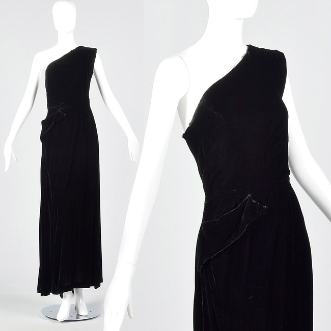 1940s Asymmetric Black Silk Velvet Dress