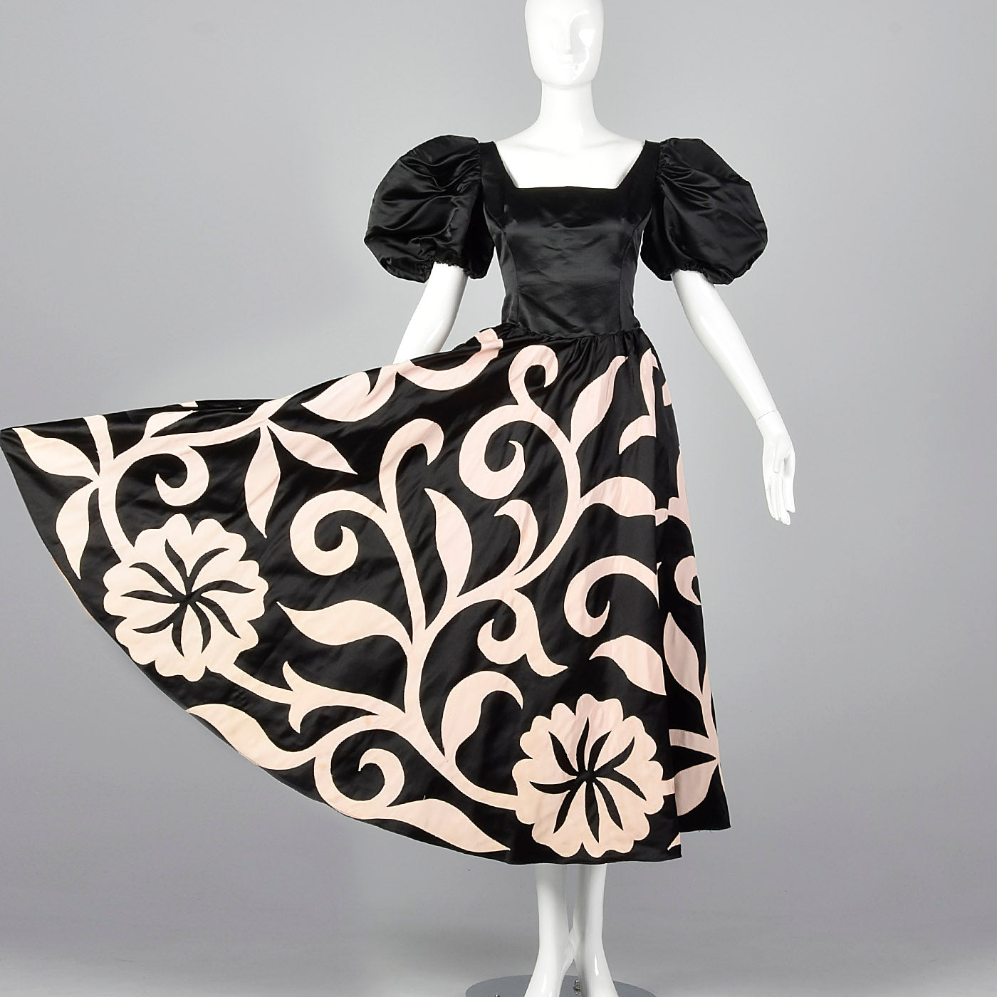 1980s Black Party Dress with Applique Full Circle Skirt
