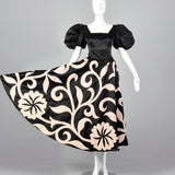1980s Black Party Dress with Applique Full Circle Skirt