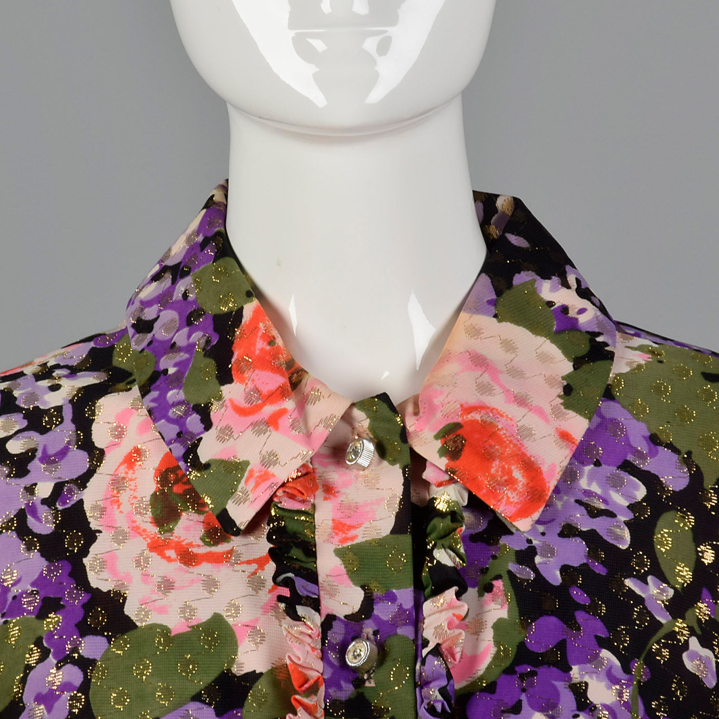 1970s Floral Maxi Dress with Metallic Polka Dots