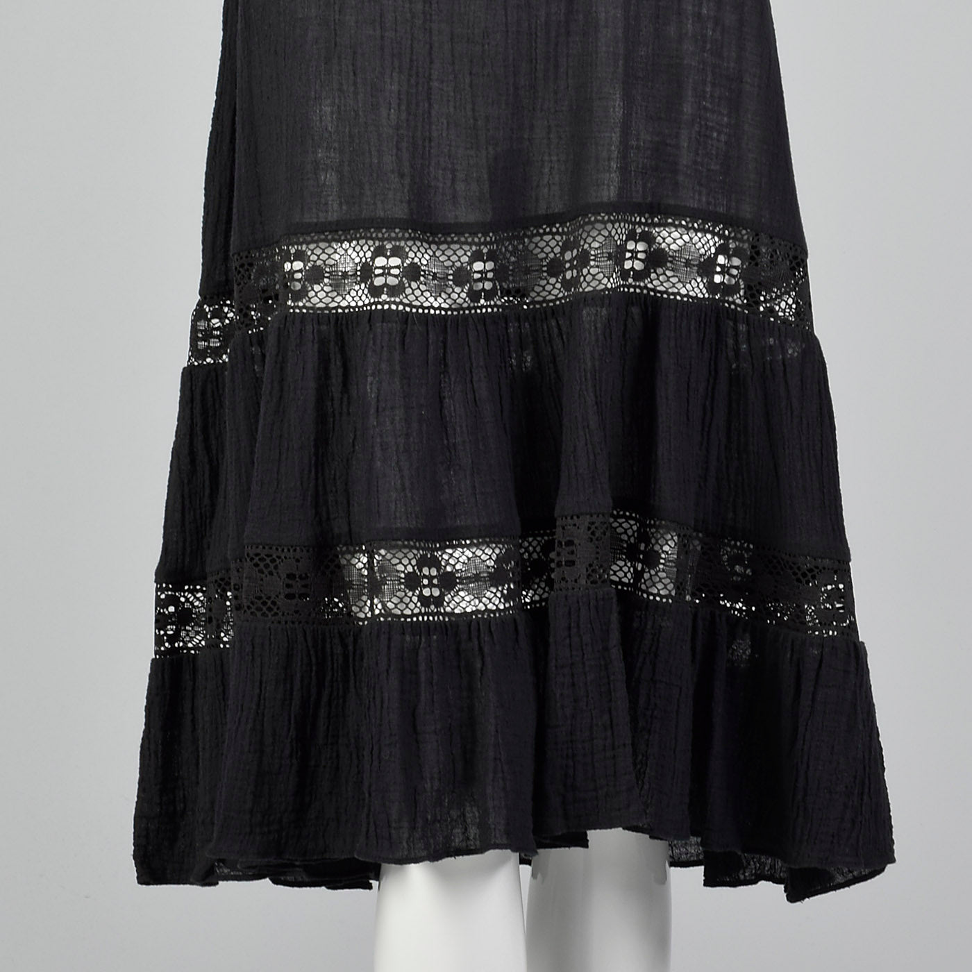 1970s Black Gauze Dress with Lace Trim