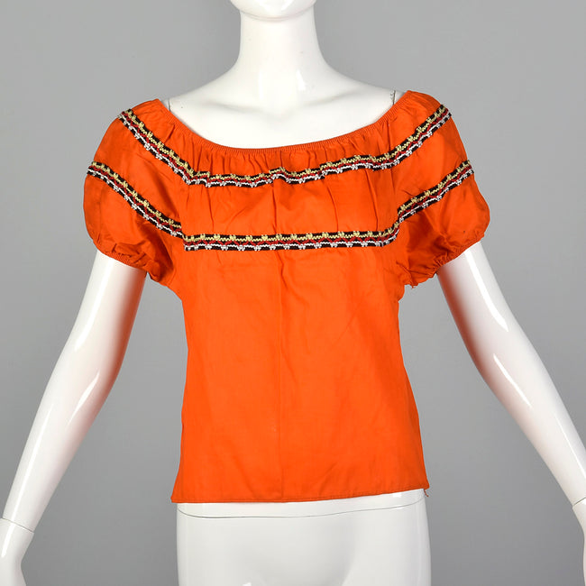 Medium 1960s Orange Peasant Top