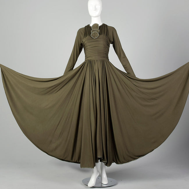XS 1990s Geoffrey Beene Long Sleeve Autumn Day Dress with HUGE Sweep