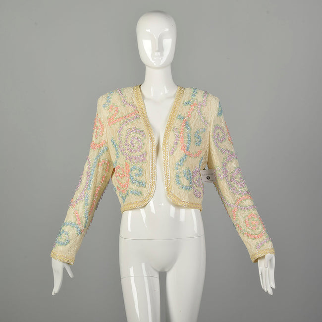 Medium 1980s Diane Freis Beaded Lace Jacket Spring Pastel Bolero