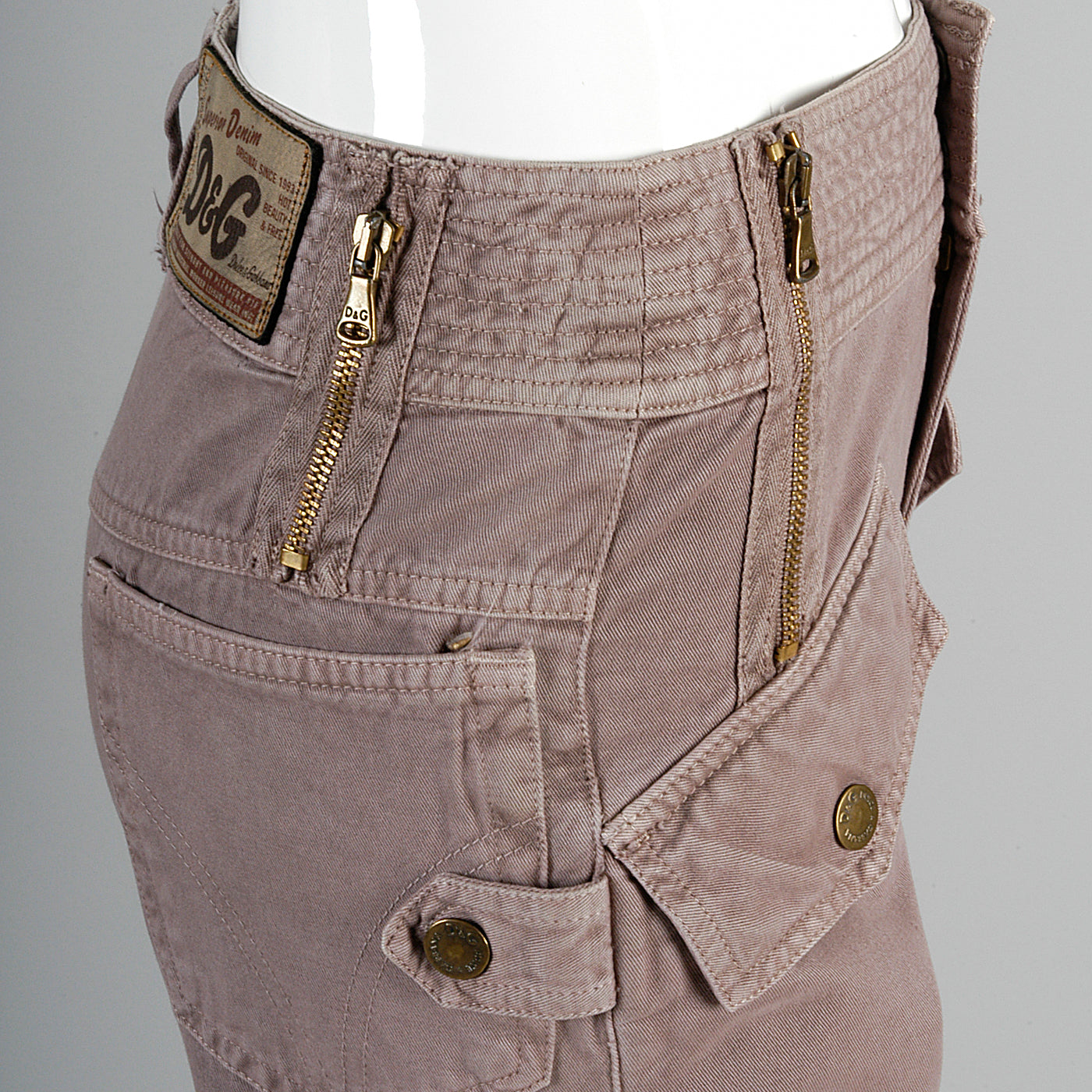 D&G Superior Denim by Dolce & Gabbana Taupe Twill Pants with Zippers Snaps and Smocked Thighs