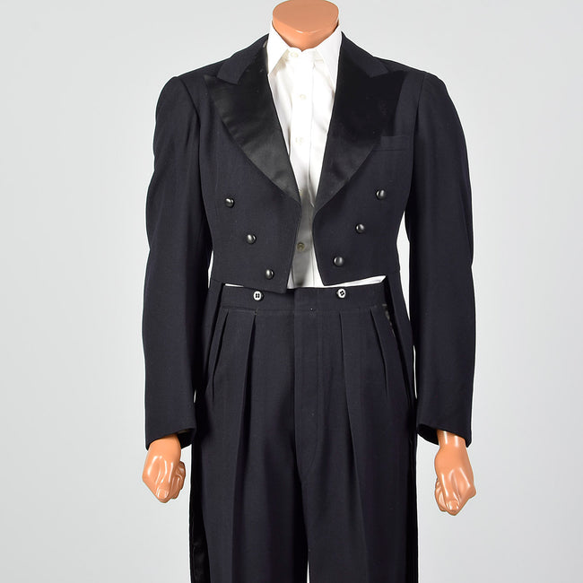 38 1930s Tuxedo Black Wool White Tie Swallowtail Coat