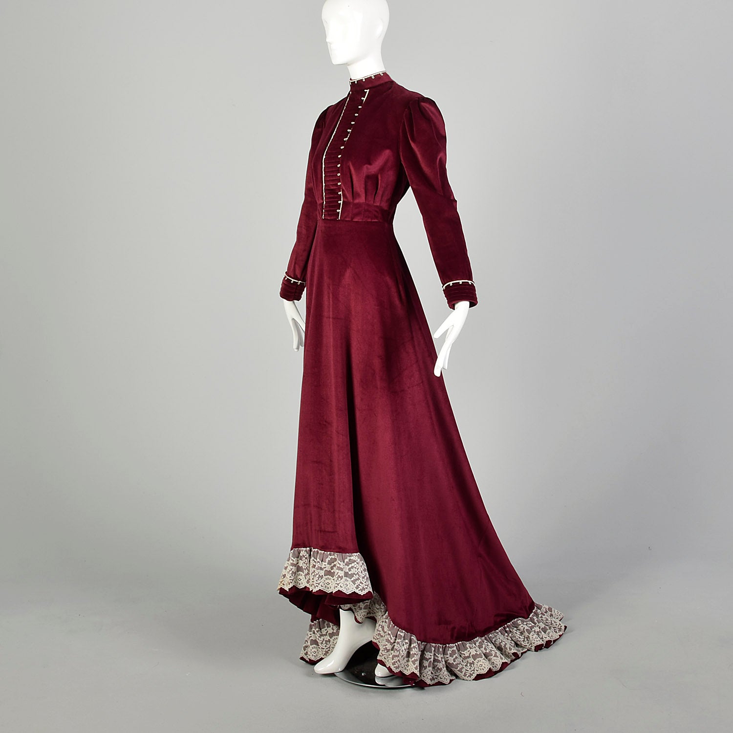 1970s Prairie Cottagecore Dress Train Burgundy Velvet Gown Medieval Princess Wedding Dress