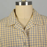 XL 1950s Yellow Cotton Day Dress Black Plaid Short Sleeves Casual Volup