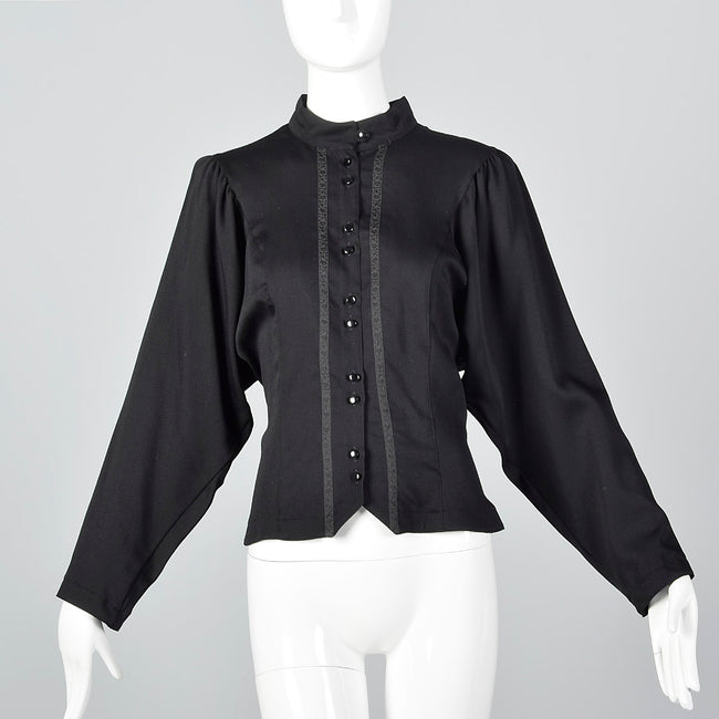 1980s Black Wool Blouse with Floral Trim