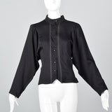 1980s Black Wool Blouse with Floral Trim