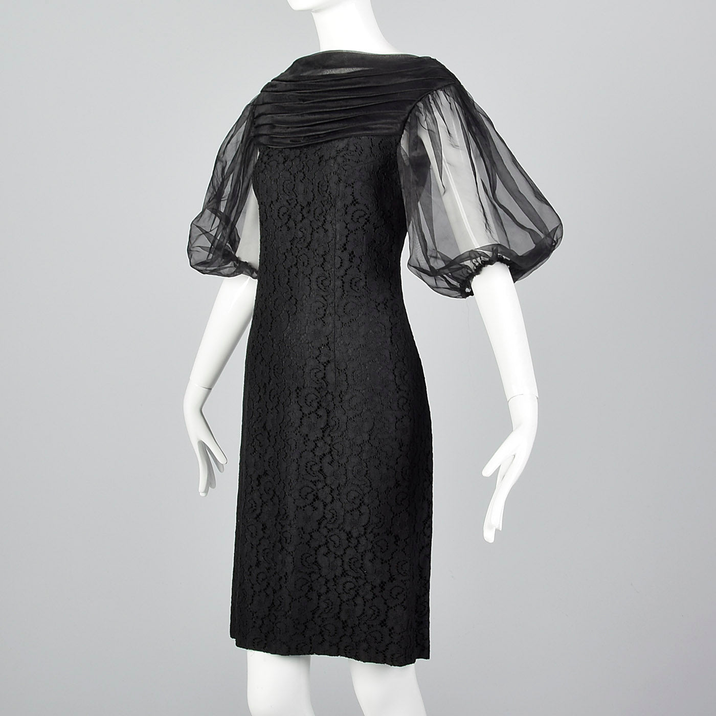1960s Lace Overlay Shift Dress with Sheer Poof Sleeves