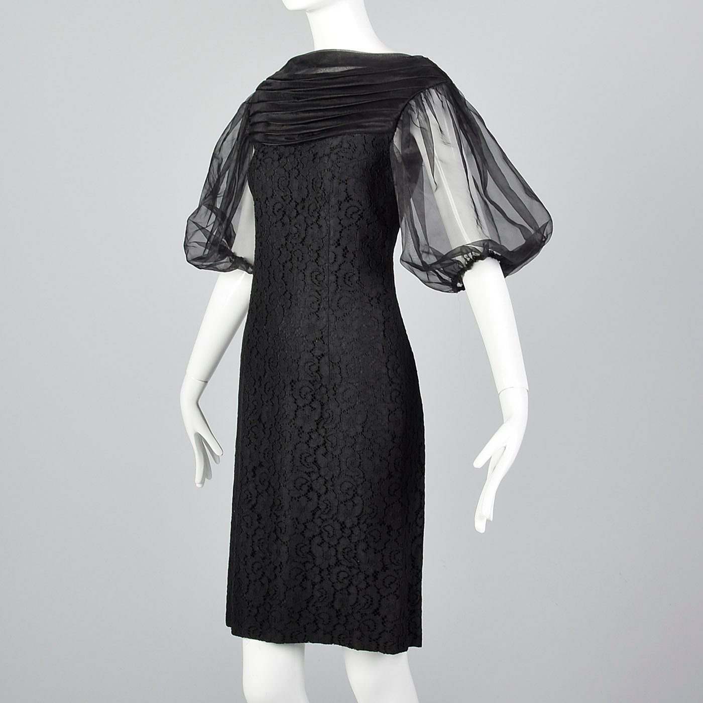 1960s Lace Overlay Shift Dress with Sheer Poof Sleeves 1960s Lace Overlay Shift Dress with Sheer Poof Sleeves