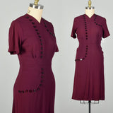Medium 1950s Dress Plum Rayon Short Sleeve Casual Pin-Tuck Dress