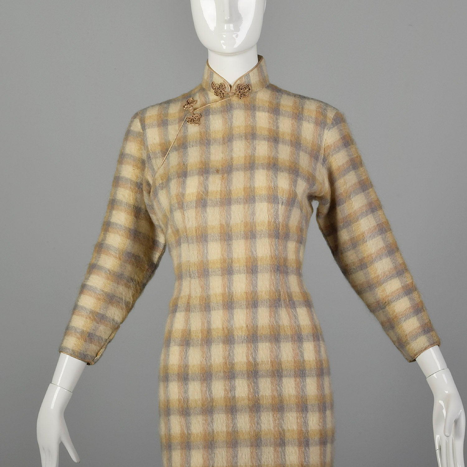 1960s Small Plaid Mohair Cheongsam Dress