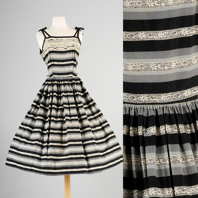 1950s Black and Gray Lace Print Dress
