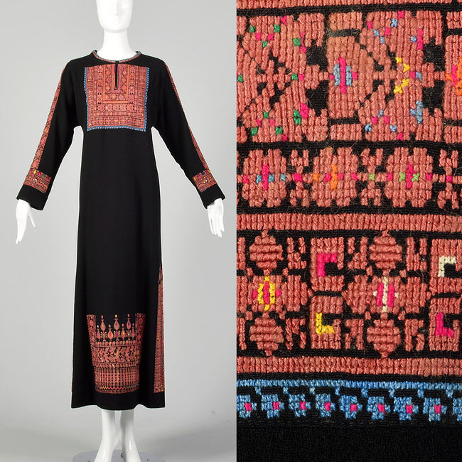 XL 1970s Neiman Marcus Black Dress Wool Embroidered Kaftan