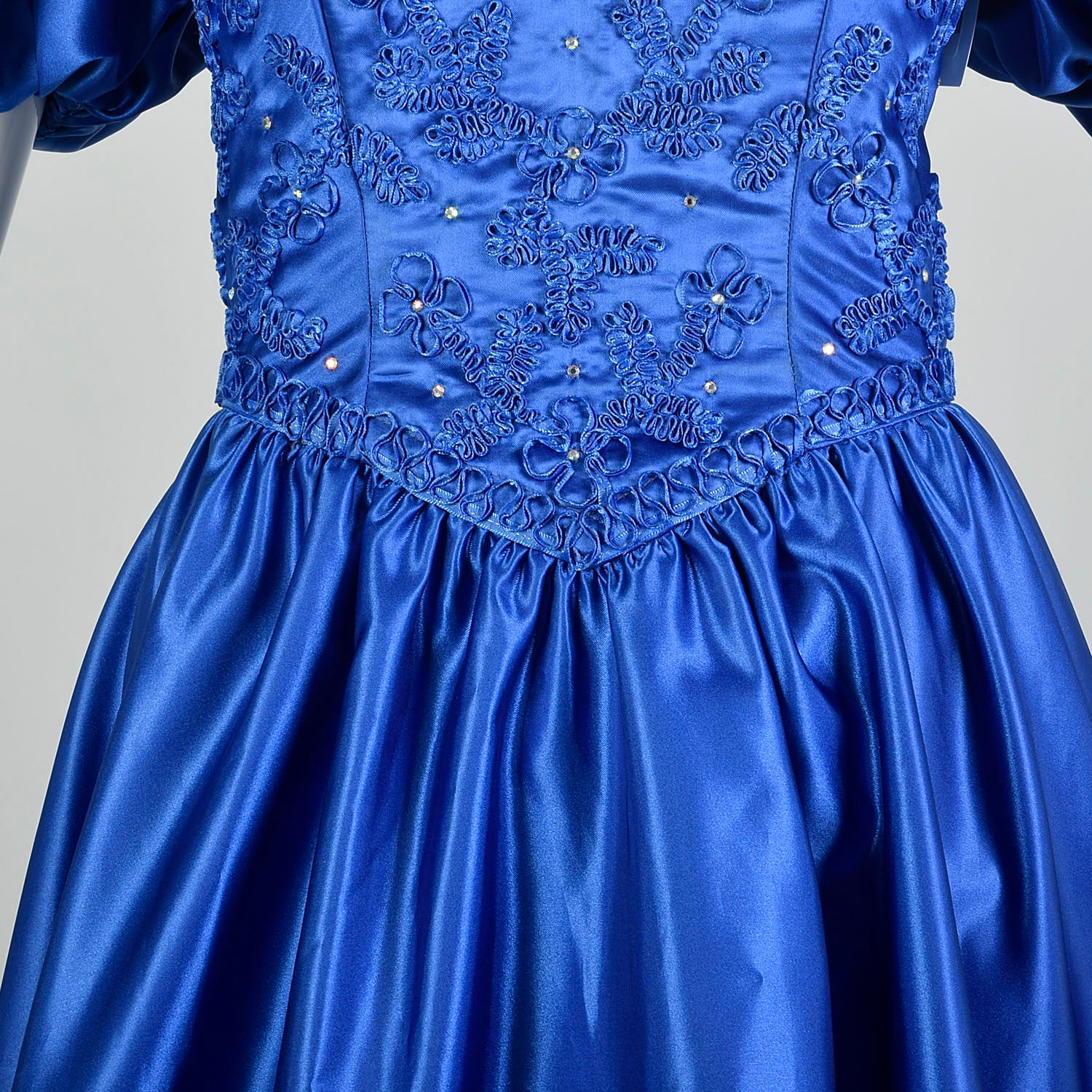 Large 1980s Mike Benet Formals Blue Ribbon Puff Sleeve Prom Dress
