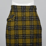 1950s Plaid Tweed Skirt with Leather Braid Trim Pocket