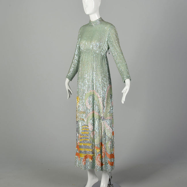 Medium 1970s Ronald Amey Sequin Gown Abstract Formal Dress