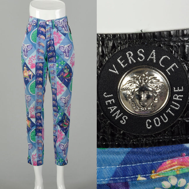 Small 1990s Versace Pants Couture Designer Purple Elephant Print Skinny Jeans Vintage