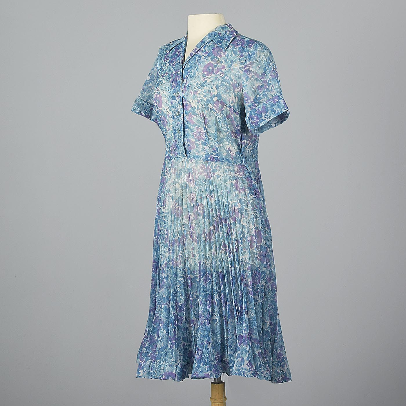 1960s Sheer Blue Floral Print Dress
