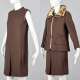 1960s Brown Wool Dress with Muskrat Fur Lined Jacket
