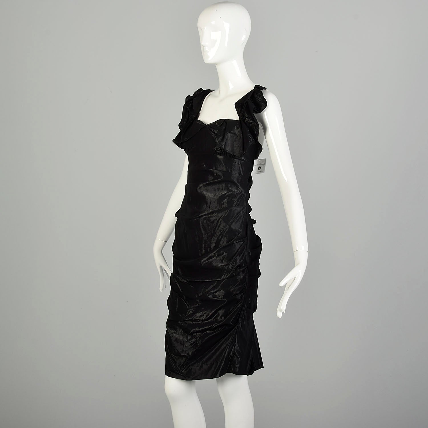 Small 2000s Nicole Miller Collection Shiny Black Lam Cocktail Party Ruffle Evening LBD Dress Small 2000s Nicole Miller Collection Shiny Black Lam Cocktail Party Ruffle Evening LBD Dress