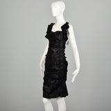 Small 2000s Nicole Miller Collection Shiny Black Lamé Cocktail Party Ruffle Evening LBD Dress