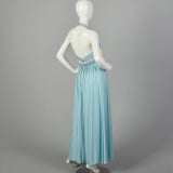 XXS 1960s Jumpsuit Baby Blue Palazzo Wide Leg Pants Halter Top Beaded Evening