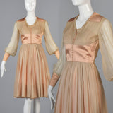 1950s Nude Silk Chiffon Dress with Bishop Sleeves