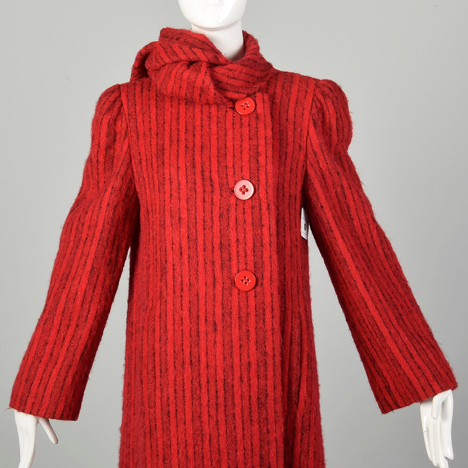 Medium 1980s Pauline Trigere Coat Red Mohair Black Stripes Winter Maxi Scarf Collar