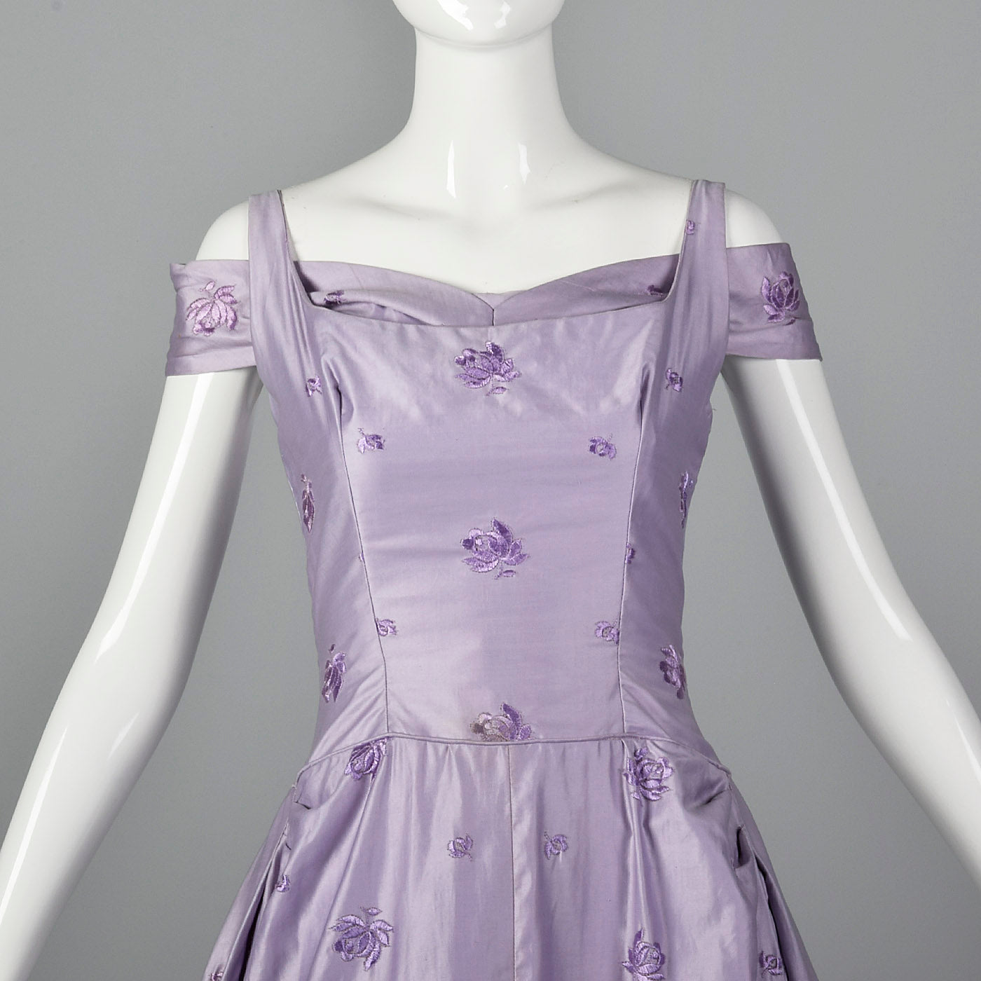 1950s Lavender Evening Dress with Floral Embroidery