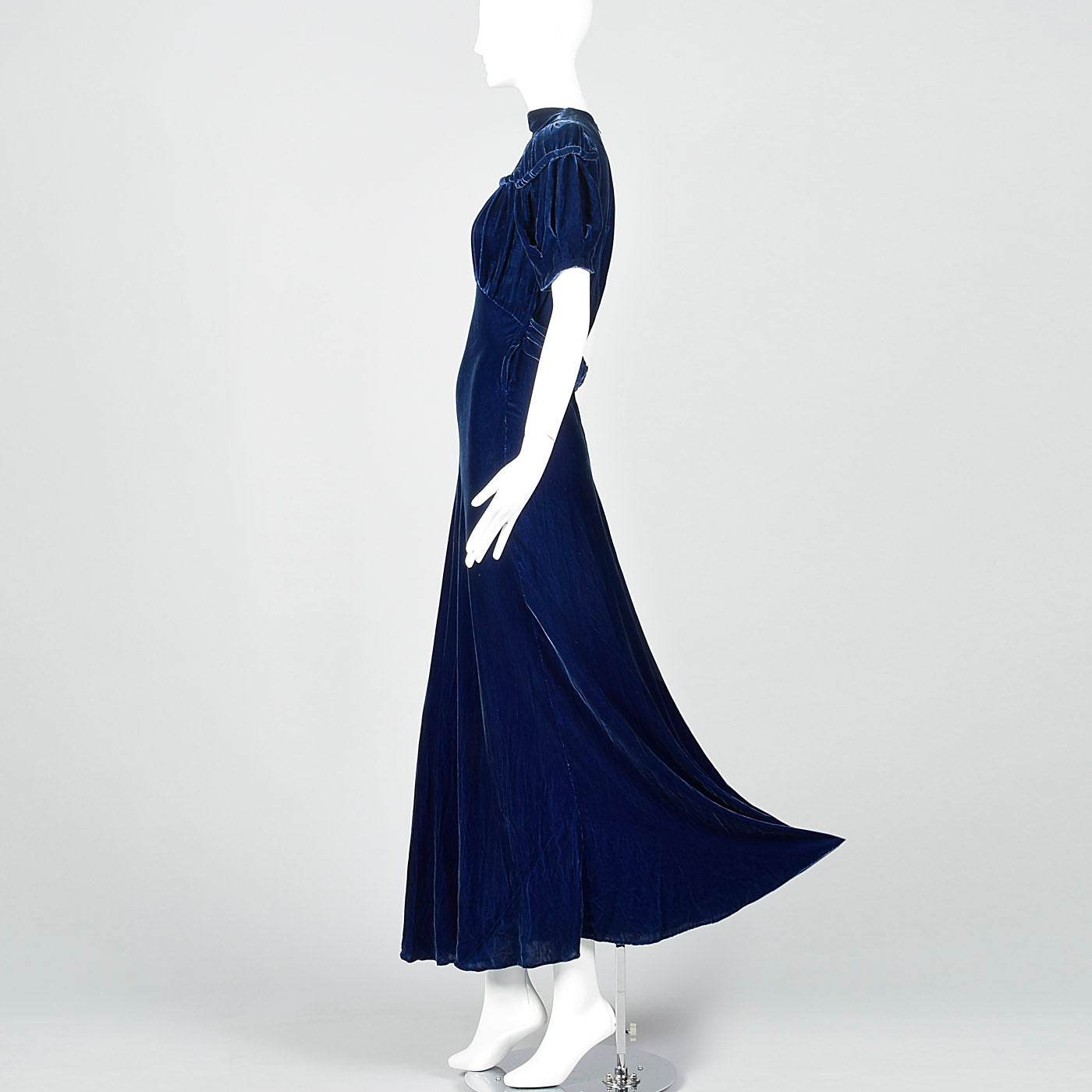 1940s Blue Silk Velvet Gown with Gathered Bust