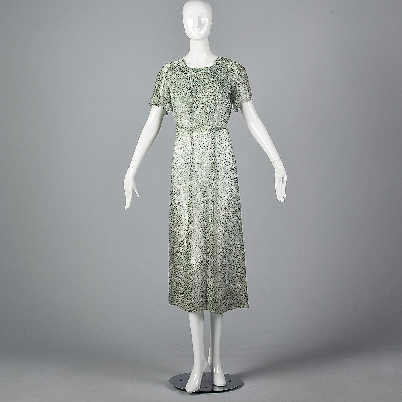 1930s Sheer Blue Silk Dress with Geometric Print