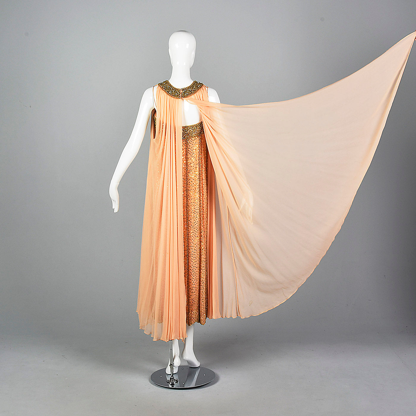 1960s Victoria Royal Beaded Gown with Silk Chiffon Cape