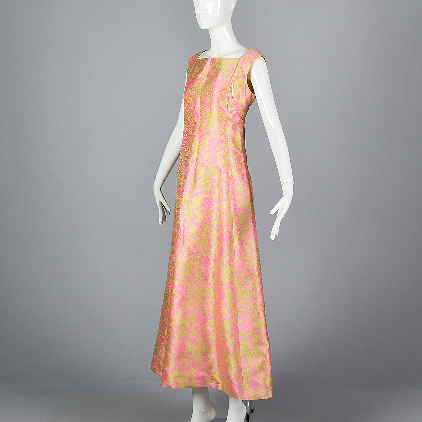 1960s Malcolm Starr Sleeveless Maxi Dress in Pink and Chartreuse Psychedelic Brocade
