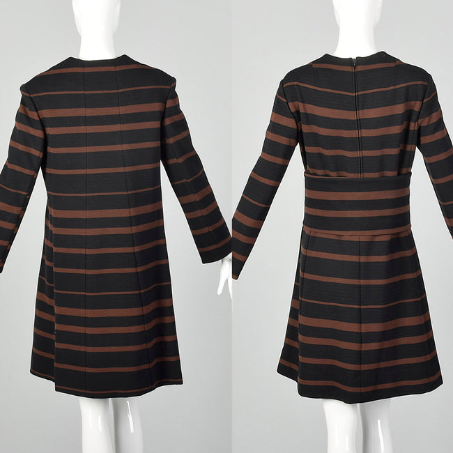 Large 1960s Wool Knit Two Piece Set Dress Jacket Cumberbund Ensemble Brown Black Horizontal Stripe