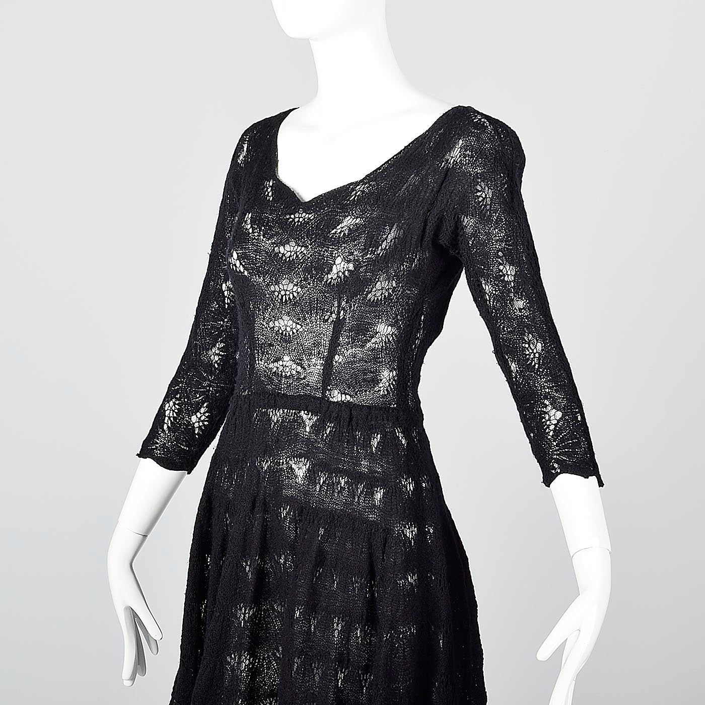 1950s Sexy Black Crochet Cocktail Dress with Full Skirt