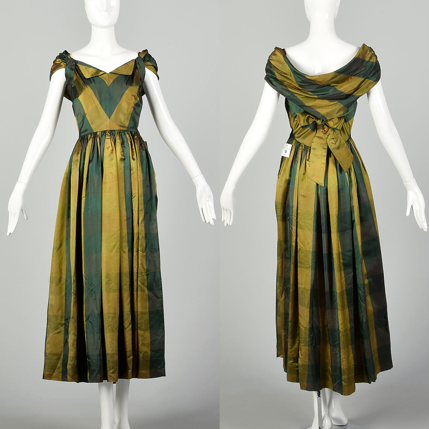 XS 1940s Green Gold Taffeta Party Dress Plaid Tea Length Gown Chevron Bodice