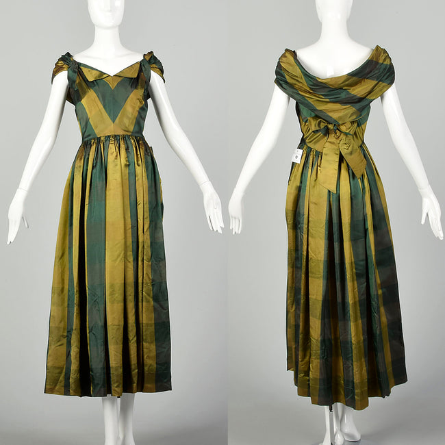 XS 1940s Green Gold Taffeta Party Dress Plaid Tea Length Gown Chevron Bodice