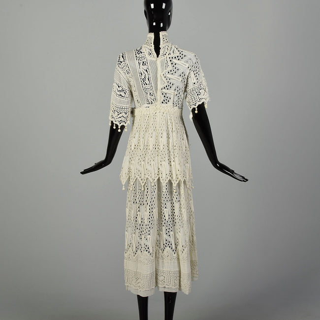 XS 1910s Cotton Lace Dress Pom Pom Fringe Cotton Lace Gauze