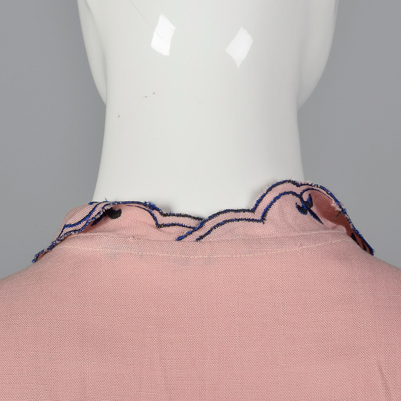 1940s Pink Rayon Blouse with Blue Embroidery