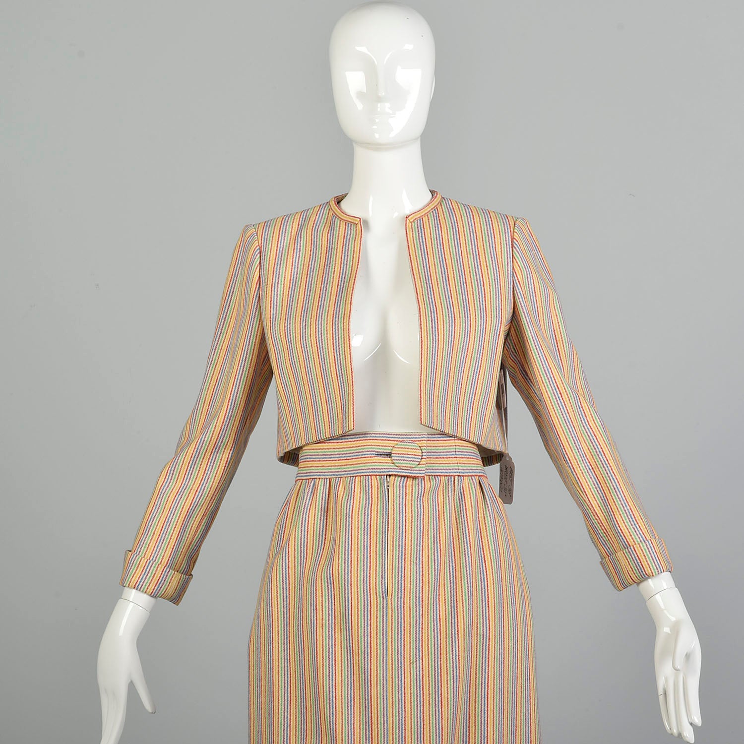 Large 1970s Pauline Trigere Bolero Jacket Skirt Set Rainbow Stripe Skirt Suit