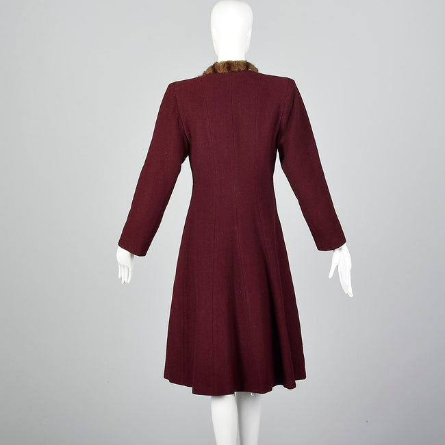 1940s Burgundy Wool Coat with Fur Trim
